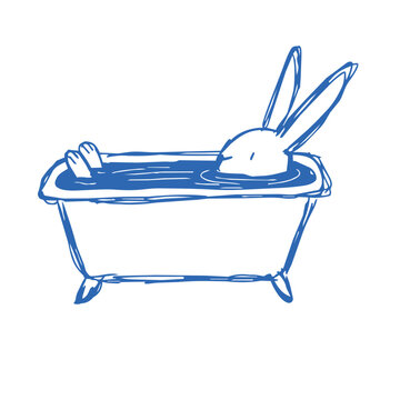 Rabbit relaxing in bathtub, simple line art illustration for bathroom decor, children posters, nursery prints and playful lifestyle design projects.