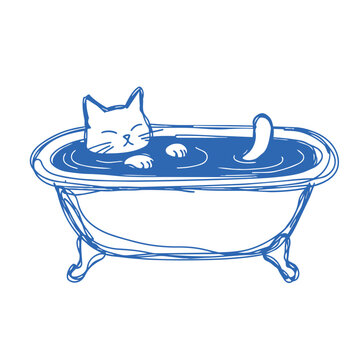 Cat relaxing in bathtub, simple line art illustration for bathroom decor, children posters, nursery prints and playful lifestyle design projects.