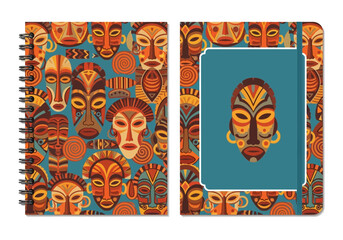 Obraz premium Stationery Design with African Tribal Masks Pattern including Spiral Notebook and Hardcover Journal on Teal Background, Ethnic Cultural Art Theme for Office and School