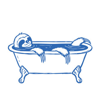 Sloth relaxing in bathtub, simple line art illustration for bathroom decor, children posters, nursery prints and playful lifestyle design projects.