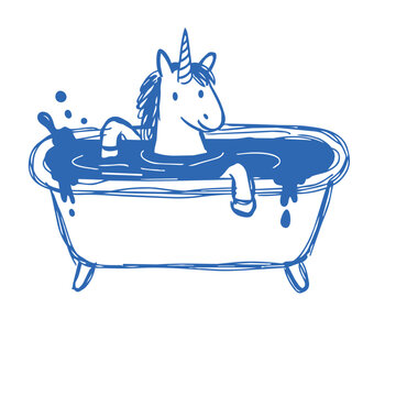 Unicorn sitting in bathtub, simple line art illustration for children&rsquo;s decor, bathroom posters, nursery prints and playful lifestyle design projects.