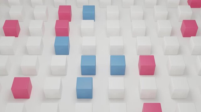 Abstract 3D Composition of White Blue and Red Geometric Cubes Floating on Clean White Background Minimal Modern Design for Creative Branding Marketing and Technology Visualization