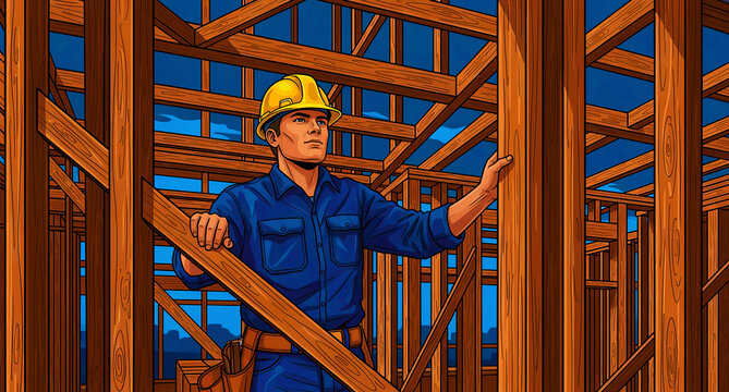 Construction worker in a yellow hard hat inspecting a wooden frame house. Laborer stands within the timber structure of a building site. Carpentry concept for residential development marketing.