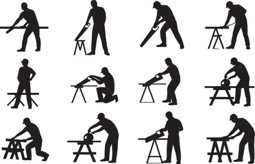 Fototapeta premium Carpenter Working Silhouette Set Woodworking Construction Activity Collection with Tools Saw Cutting Professional Vector Illustration 