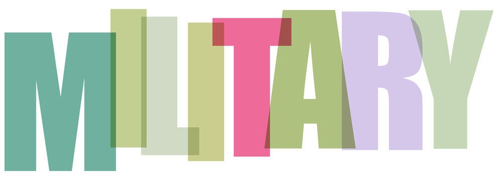 The word MILITARY displayed in overlapping translucent colorful letters isolated on transparent background