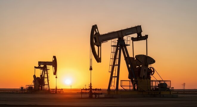 Silhouetted oil pumpjacks operating at sunset in an industrial energy field