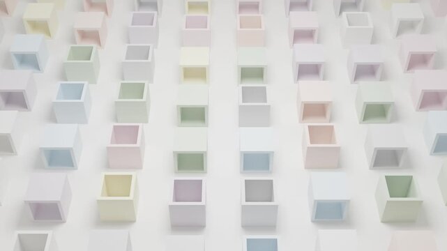 Abstract 3D Arrangement of Multicolored Pastel Hollow Cubes Floating in Space on White Background Soft Minimal Geometric Design for Creative Branding Advertising and Visual Communication Concepts