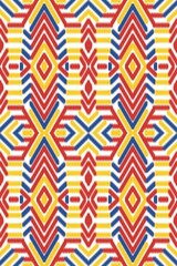 Fototapeta premium Abstract tribal art, ikat fabric, fabric, blue, red and yellow woven patterns, local fabric patterns, printing, customs, wall decoration, carpet patterns, coverings.