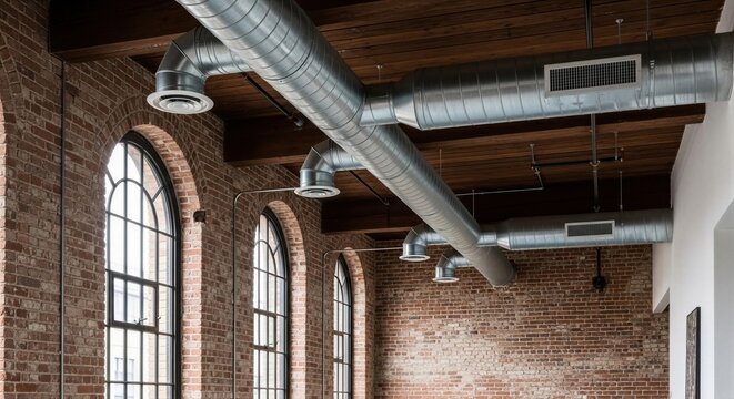 Ventilation pipes in industrial office interior. Metal air duct system under wooden ceiling with brick wall. Architecture and infrastructure design of open space loft building environment.