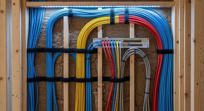 Ethernet cables connected to a network patch panel mounted on a wooden wall structure. Structured internet cabling management system in a residential data rack. Network infrastructure technology.