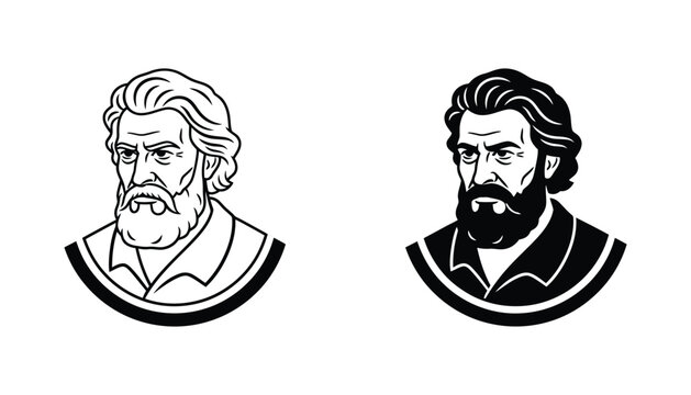Bearded man historical figure portrait icon outline and filled silhouette isolated on white background for vintage and classic concepts