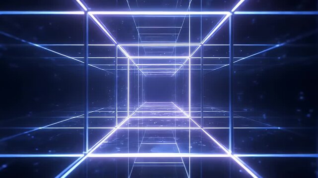 Abstract futuristic tunnel of glowing blue neon squares with bright particles flying through digital space endless zoom camera motion seamless loop footage background.