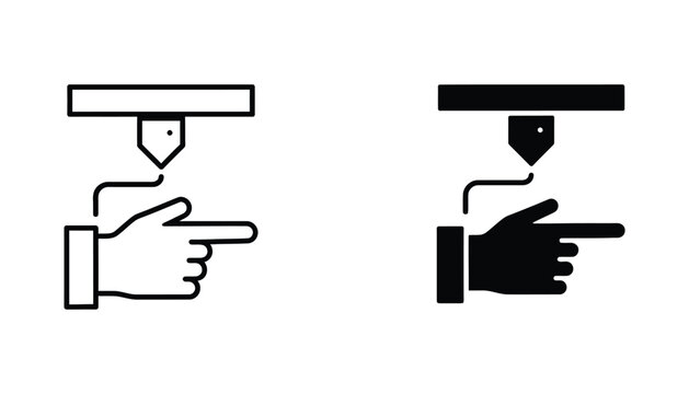 Hand pointing at 3D printer nozzle extrusion process icon for additive manufacturing and industrial technology prototyping concept vector graphics