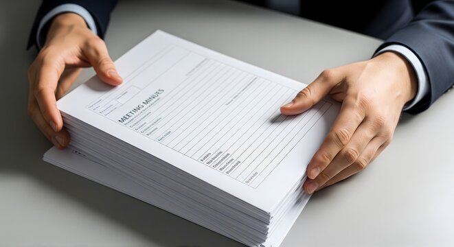 A businessman's hands carefully organize a substantial stack of important documents and forms on a clean, professional desk.