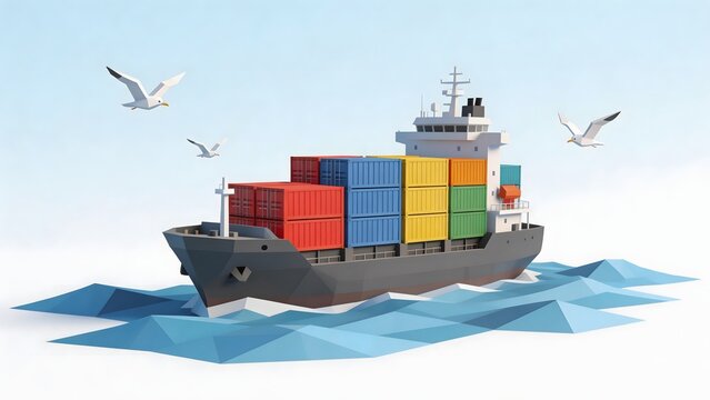Container ship with colorful cargo and seagulls