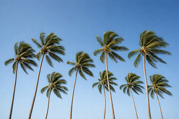 Obraz premium Minimal view of tall palm trees from below against clear blue sky, tropical summer aesthetic
