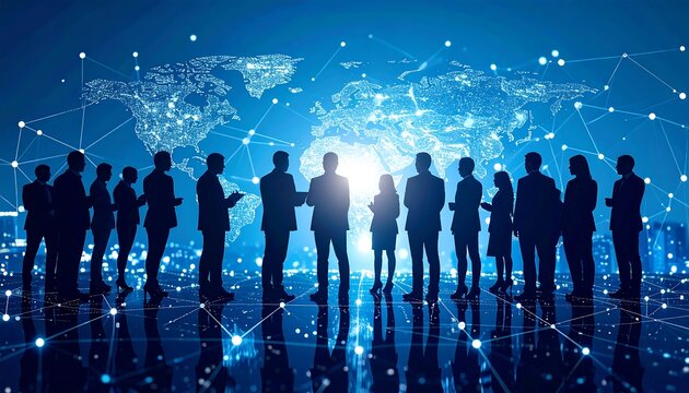 Silhouetted professionals stand before a glowing world map, representing global connections, with city lights and interconnected lines