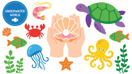 Fototapeta premium Underwater world cartoon sea creatures and ocean life set collection.
