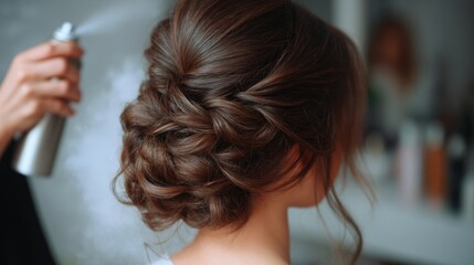 Fototapeta premium Beautifully styled updo with a perfect hair spray finish showcasing elegance and creativity in hairdressing. Perfect for special occasions and bridal looks. Generative AI