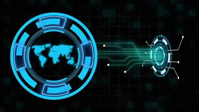 Dual futuristic neon blue interfaces with world map data. World map data visualization design. Dual neon blue interfaces with world map for global technology monitoring art.