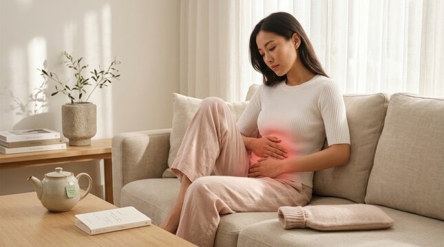 Woman abdominal pain: uterus distress, menstrual cycle, hormone regulation, period irregularity, ovary dysfunction, endometrium health, fertility concern, reproduction issue, gynecology medicine.