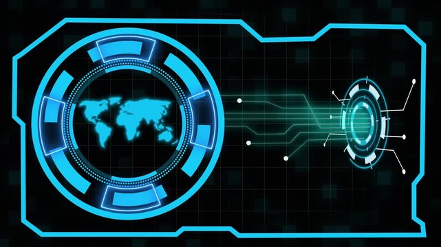 Dual futuristic neon blue interfaces with world map in frame. World map data visualization display. Dual neon blue interfaces with world map for international network tracking.