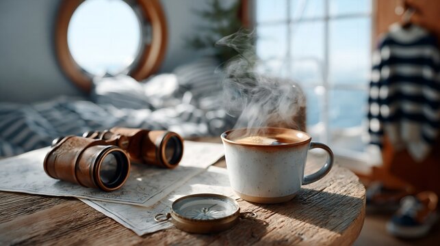 Steam rises from steaming coffee cup. Vintage binoculars rest beside map on wooden table