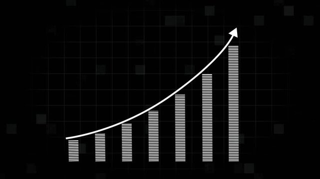White upward trending bar graph with curved arrow on grid. Upward trending bar graph statistics. Professional upward trending bar graph for financial growth and success visuals.