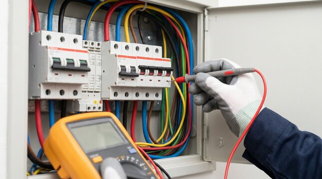 Hand measuring electrical panel wires