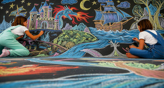Two young girls drawing a fantasy world with colorful chalk on a large blackboard. The mural includes a castle, dragon, and pirate ship. Creative education and childhood imagination concept.