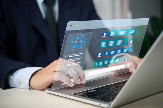 Close up hands operating laptop AI chatbot interface monitoring customer profile diagnostic innovation global communication information exchange business technology.