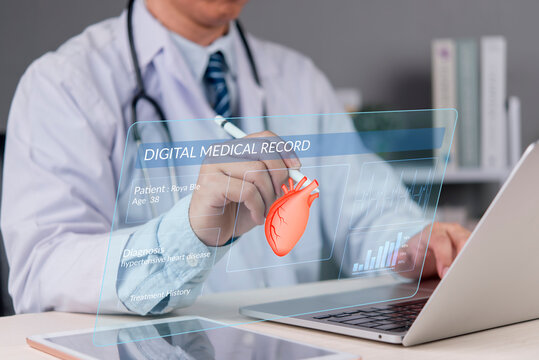 Healthcare provider processing heart disease big data analysis clinical informatics networking medical database management optimization futuristic cardiology interface.