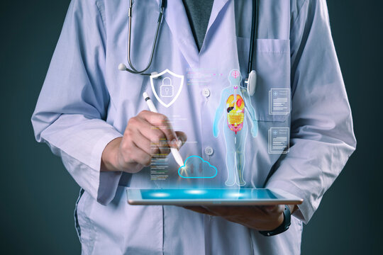 Doctor holding tablet medical technology healthcare hologram human anatomy cloud computing data security privacy electronic health records futuristic clinic.