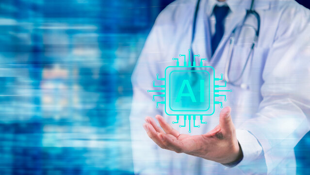 Innovative medical practitioner holding virtual AI processor icon digital healthcare technology advanced diagnostics future medicine artificial intelligence integration concept.