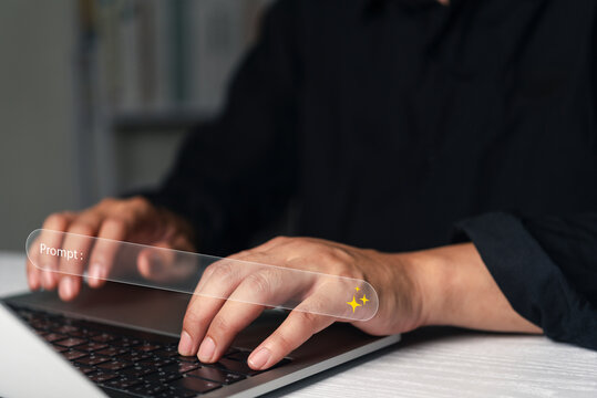 Man hands typing prompt engineering interface generative artificial intelligence laptop keyboard machine learning modern business technology digital transformation automation concept.