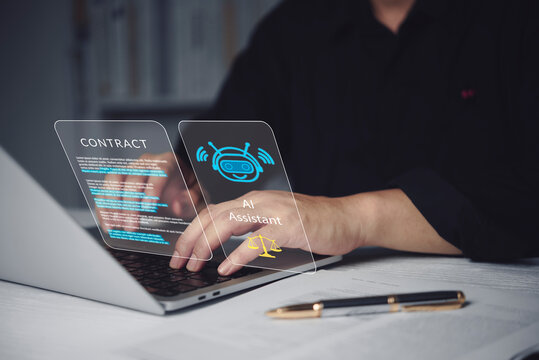 Man typing laptop reviewing digital contract AI assistant virtual legal tech artificial intelligence automated document smart software generative legal advisor future workspace.