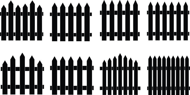 Black wooden fence silhouettes set picket barriers vector illustration garden boundary elements isolated design for landscaping and outdoor decoration