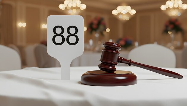 Horizontal photography of charity auction sale featuring a wooden gavel and bidder paddle number 88 for an annual fundraising event concept in an elegant ballroom