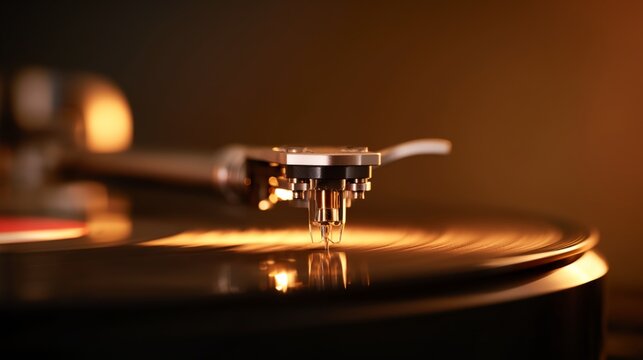 vinyl record player with a wooden handle with a golden light