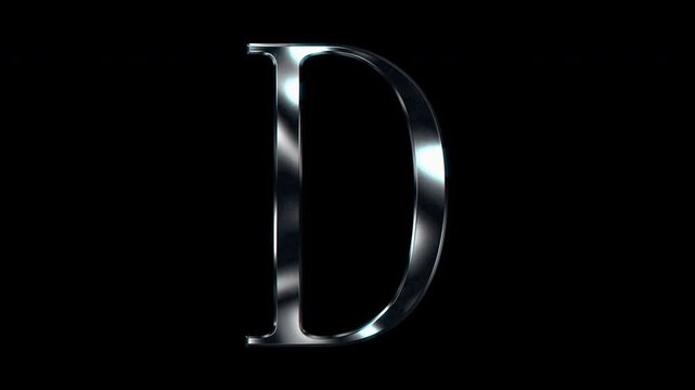 Silver metallic Capital letter "D". Alpha channel. Serif font. Seamless loop video.