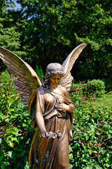 sehr schöner großer Engel in Bronze mit ausgebreiteten Flügeln und einer Rose in der Hand auf einem Friedhof in Köln © Blende8