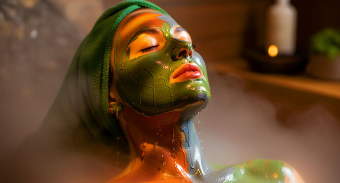 Woman with a colorful clay mask relaxing in a steaming spa room. Natural mud facial treatment applied in a warm sauna with mist. Luxury wellness concept perfect for beauty and skincare marketing.