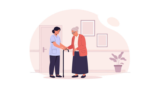 Nurse assisting elderly woman with cane in hallway, healthcare, support, caregiving