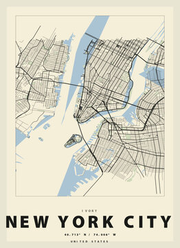 New York City USA Minimal Map Poster Vintage Retro Travel Print