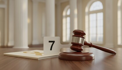 Naklejka premium Color image of exciting courthouse auction showing a wooden gavel and number seven paddle on a desk for an annual charity auction concept for fundraising and donation support