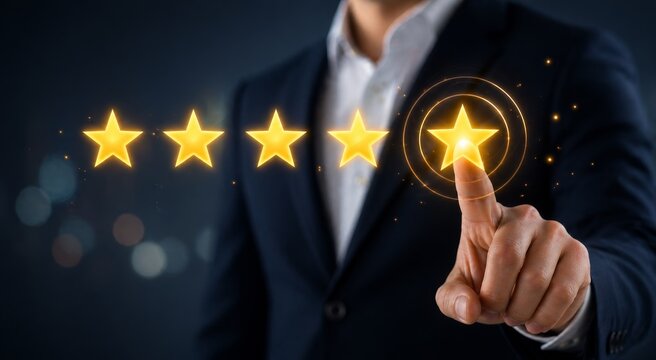 A businessman interacting with a digital touchscreen interface to select a premium five-star quality rating.