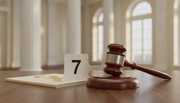 Color image of exciting courthouse auction showing a wooden gavel and number seven paddle on a desk for an annual charity auction concept for fundraising and donation support