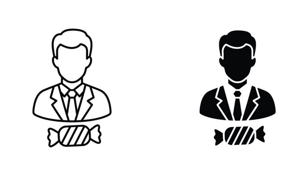 Businessman holding candy icon set featuring professional character in suit with lollipop in outline and solid black vector style