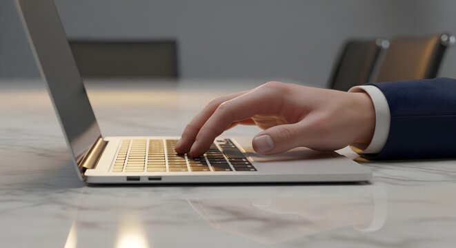 A professional's hand is actively typing on a sleek, modern laptop keyboard during a focused work session in a contemporary office setting.