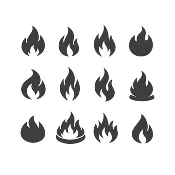 Collection of black flame icons on white background